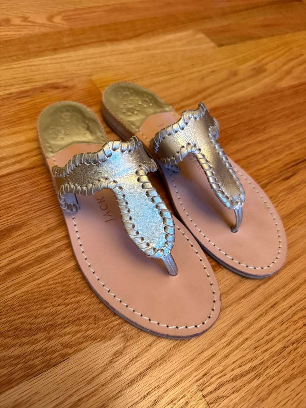 Jack Rogers Jackie Leather Whip-Stitch Demi Wedge Size 6.5M Gold Sandals